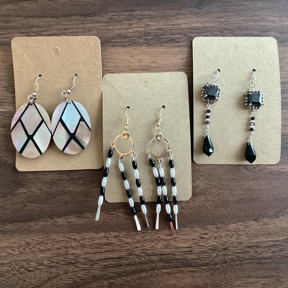 Lot Of 3 Silver Tone Black Onyx Mother Of Pearl Drop Earrings Party Jewelry Gift